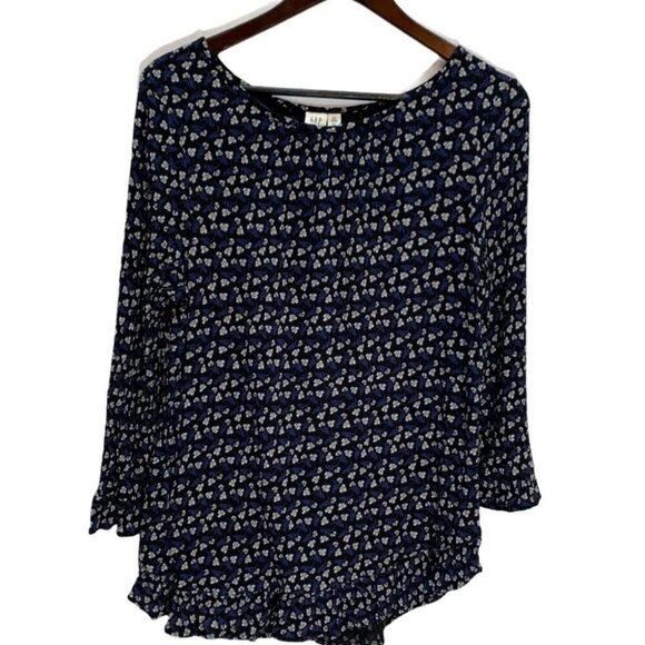 𝅺gap💐shirred Black Floral 3/4 Length Sleeve Top Sz Small - Picture 3 of 8